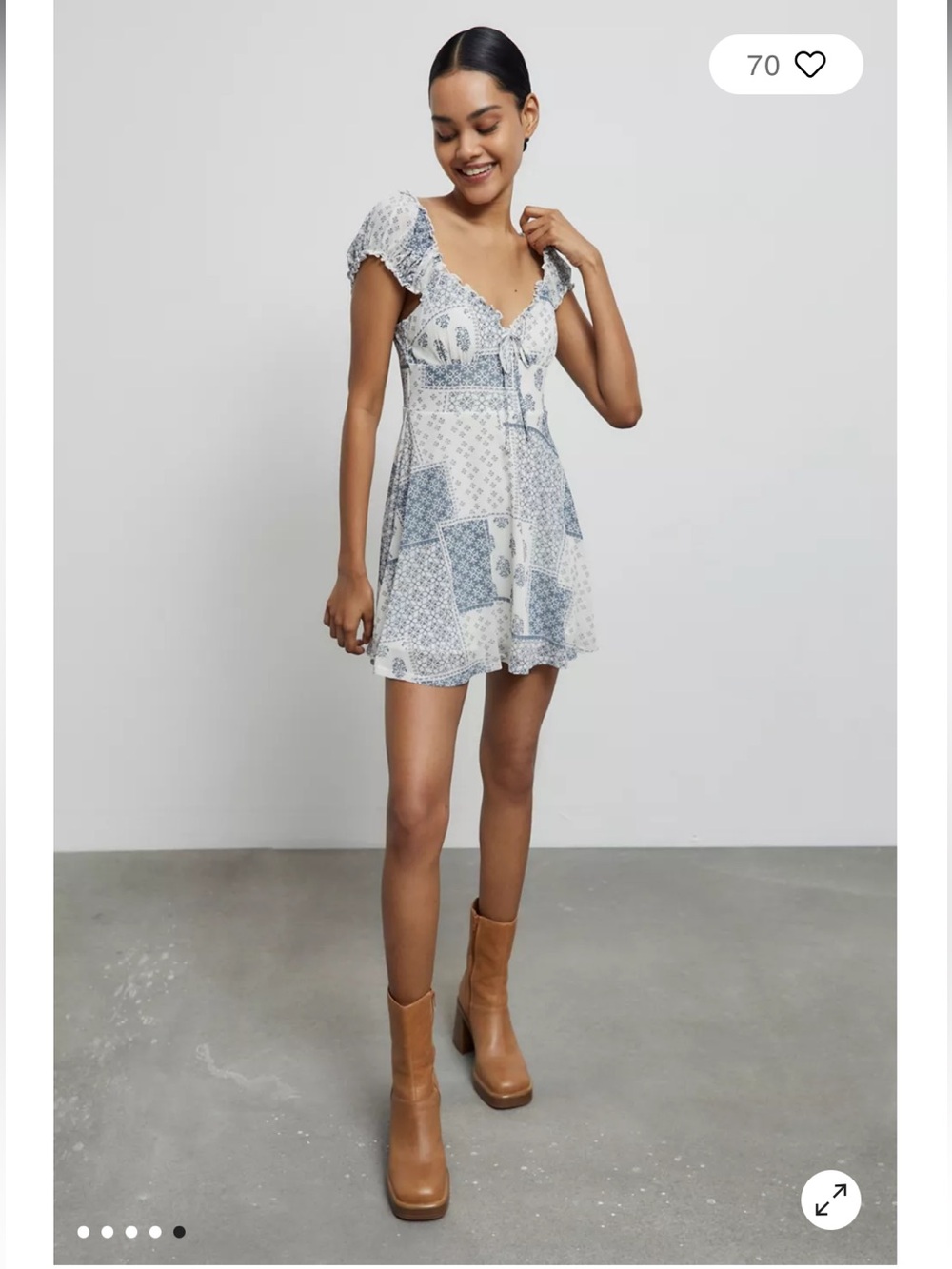 Urban Outfitters White and Blue Patchwork Tie-Front Mini Dress